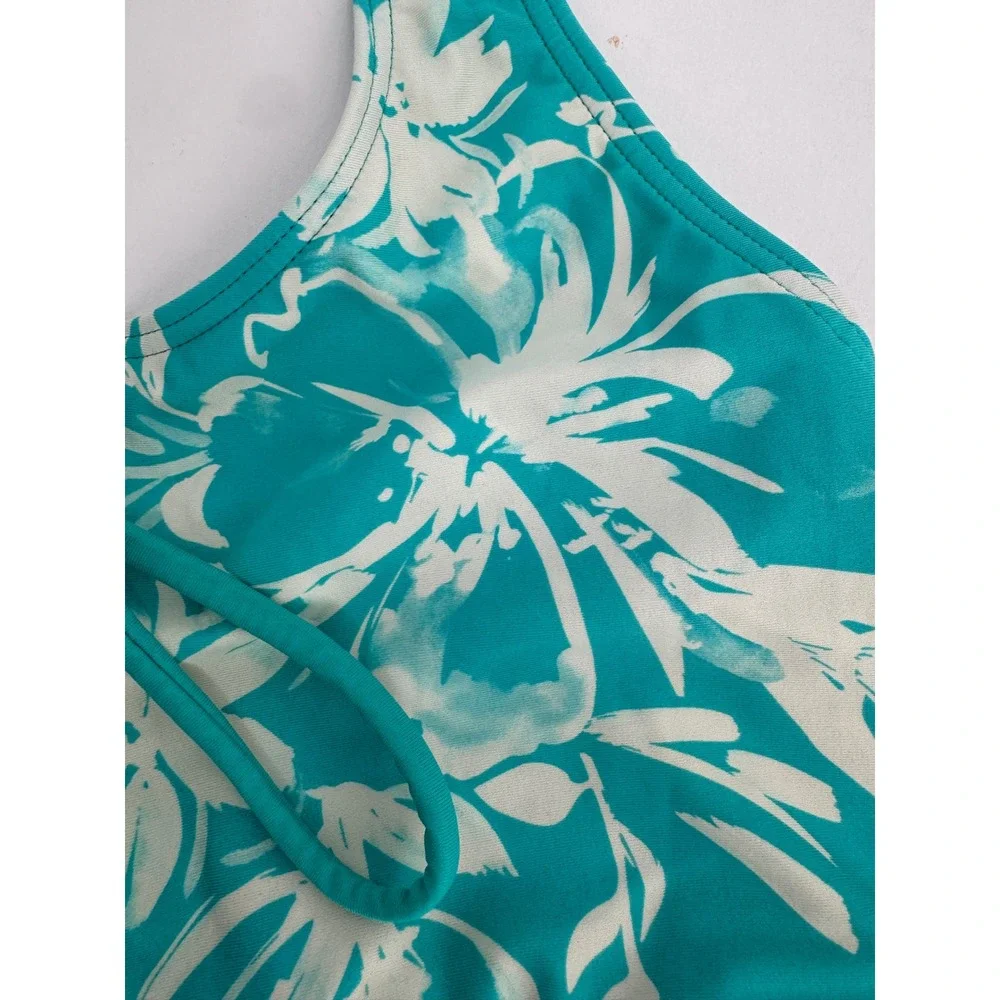 Swim Systems Sz 38D Teal White Floral Halter Bikini Top Lace Up Tassel Swimwear